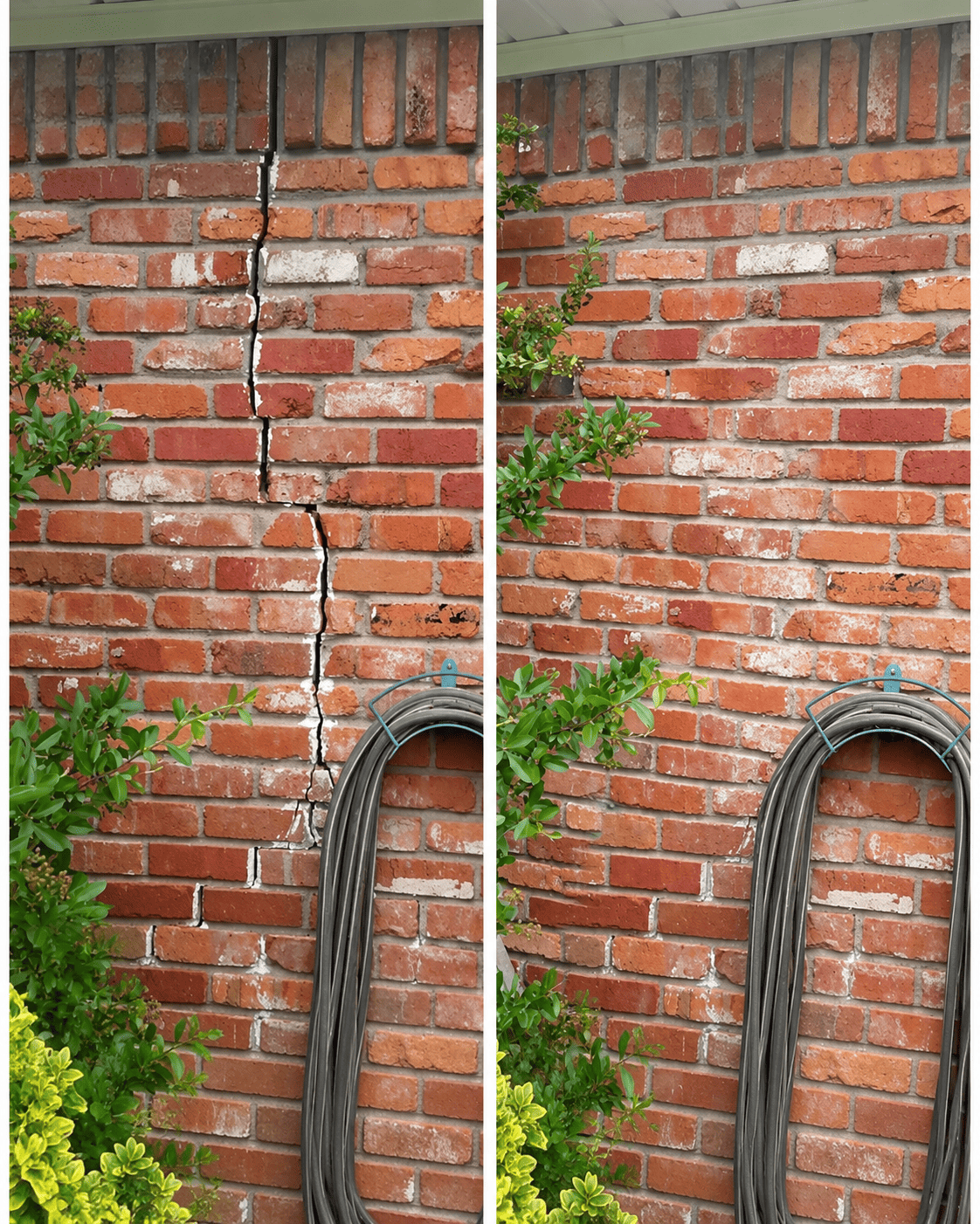 Brick wall before and after crack repair in Toronto: a vertical stair-step crack rebuilt and repointed to a seamless finish