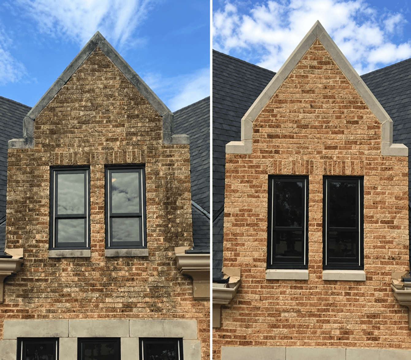 Brick gable before and after cleaning: stained, mildewed bricks restored to clean, vibrant masonry