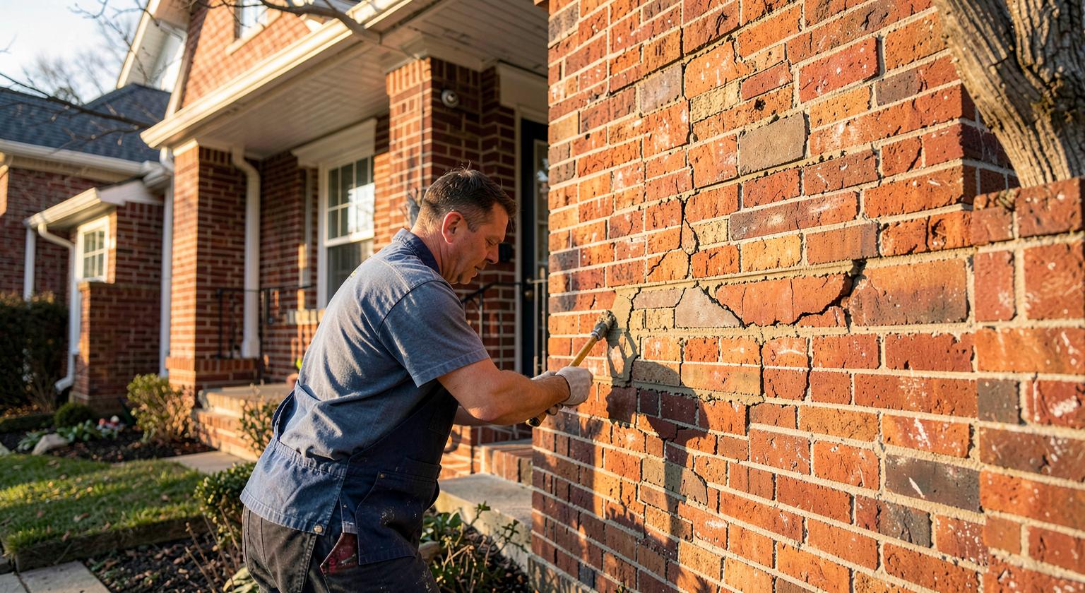Mason repairing a cracked brick wall on a residential home
