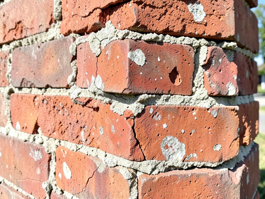 Close-up of deteriorating mortar joints and cracked brickwork on a house wall